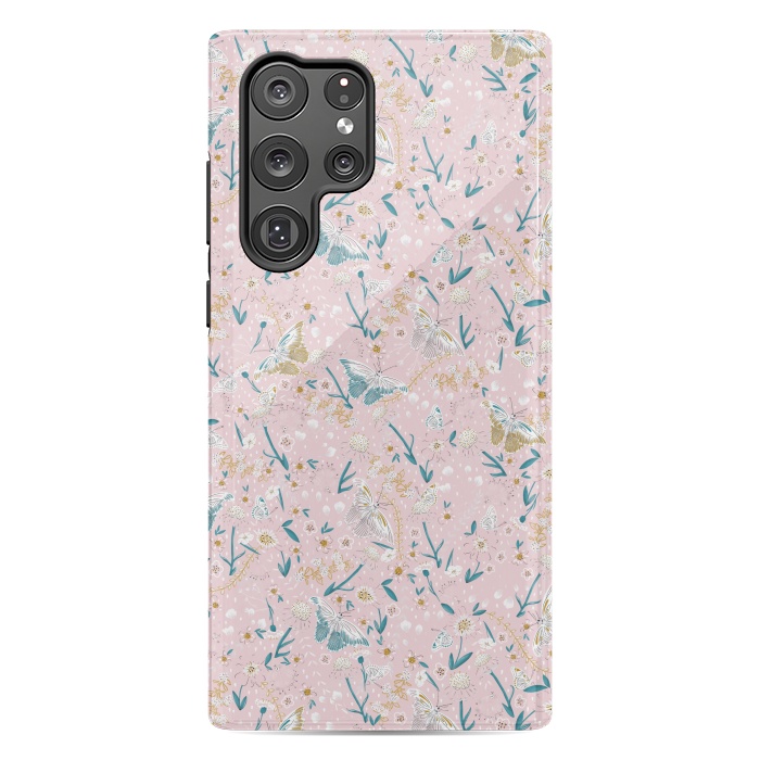 Galaxy S22 Ultra StrongFit Delicate Daisies and Butterflies half-drop repeat pattern on Pink by Paula Ohreen
