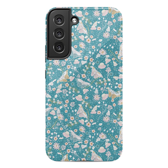 Galaxy S22 plus StrongFit Delicate Daisies and Butterflies half-drop repeat pattern on Blue by Paula Ohreen