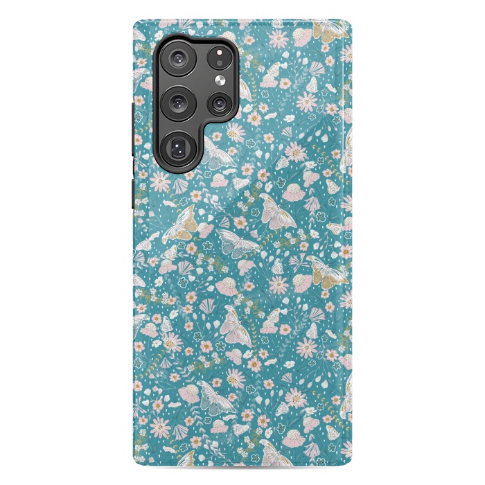 Galaxy S22 Ultra StrongFit Delicate Daisies and Butterflies half-drop repeat pattern on Blue by Paula Ohreen
