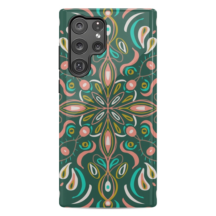 Galaxy S22 Ultra StrongFit Bold Boho Mandala in Green Coral and Gold by ECMazur 