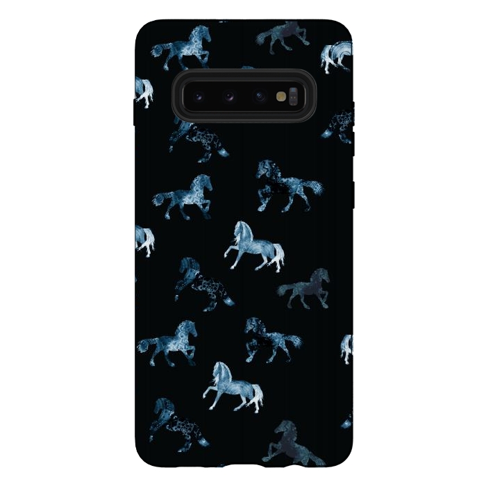 Galaxy S10 plus StrongFit Horse pattern - blue watercolor horses  by Oana 