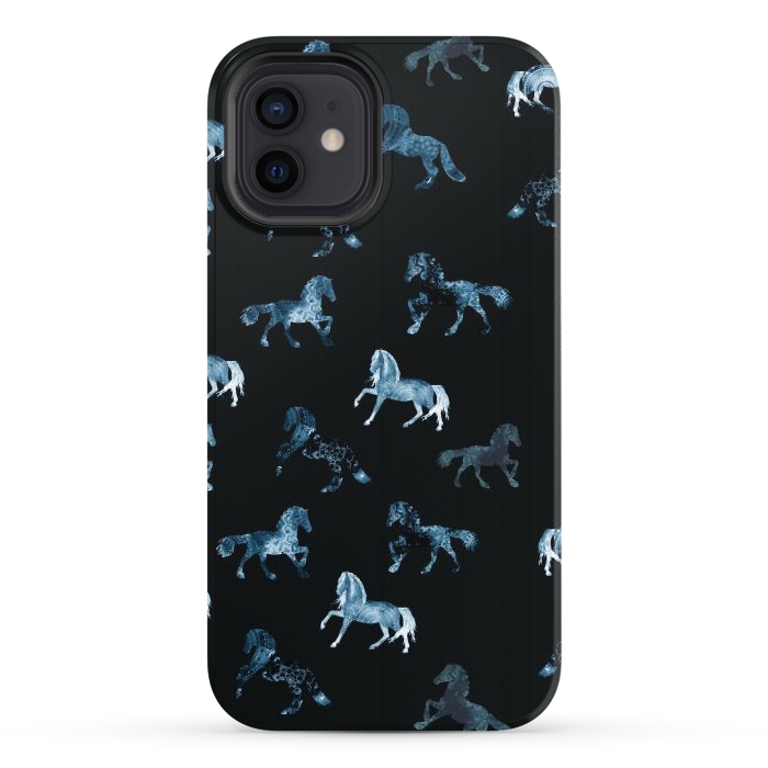 iPhone 12 StrongFit Horse pattern - blue watercolor horses  by Oana 