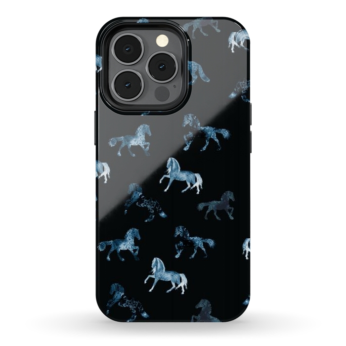 iPhone 13 pro StrongFit Horse pattern - blue watercolor horses  by Oana 