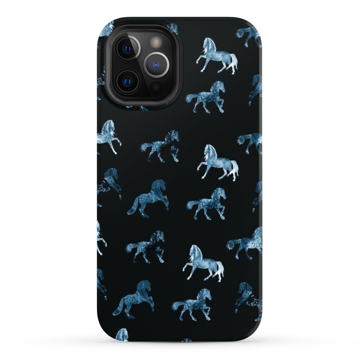 iPhone 12 Pro Max StrongFit Horse pattern - blue watercolor horses  by Oana 
