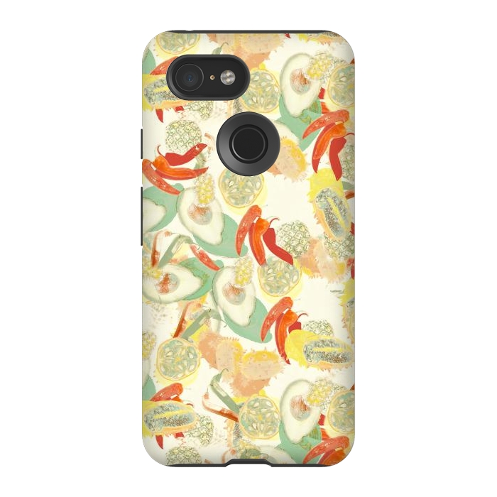 Pixel 3 StrongFit Colorful exotic fruits and chili - tropical fruit pattern by Oana 