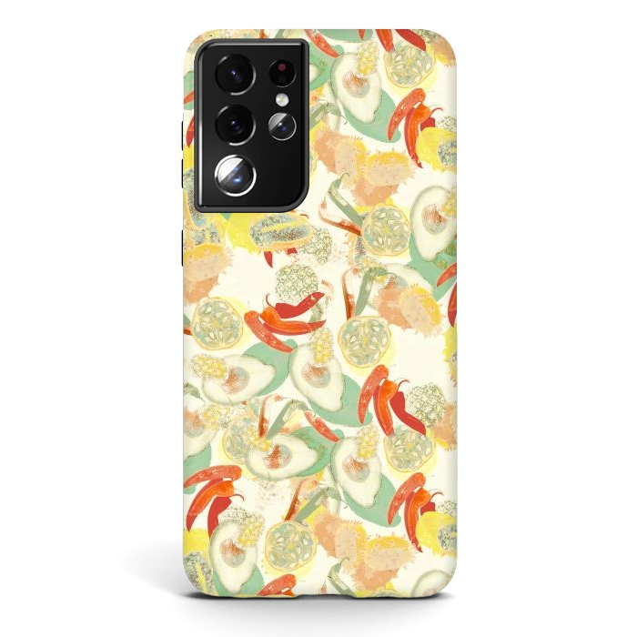 Galaxy S21 ultra StrongFit Colorful exotic fruits and chili - tropical fruit pattern by Oana 