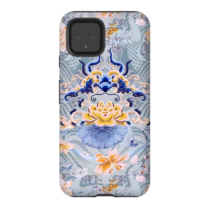 Pixel 4 StrongFit Flowers and fish - Chinese decorative pattern by Oana 