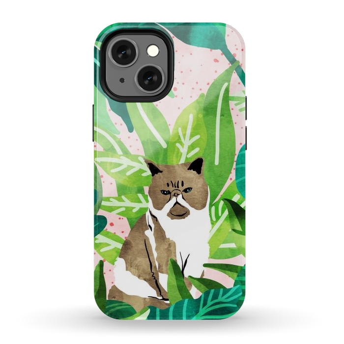 iPhone 13 mini StrongFit Tropical Glam Cat by Uma Prabhakar Gokhale