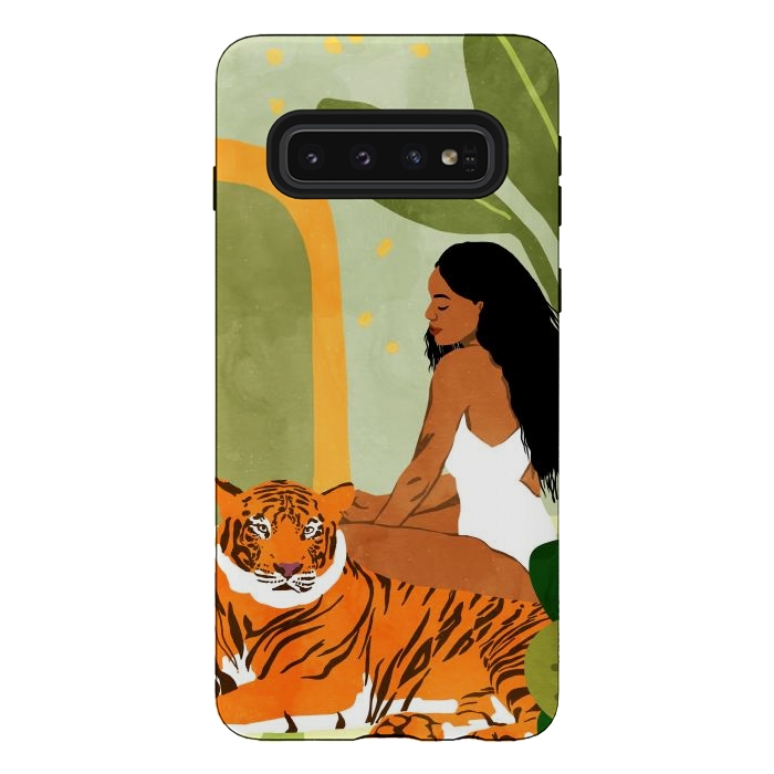 Galaxy S10 StrongFit Just You & Me | Tiger Urban Jungle Friendship | Wild Cat Bohemian Black Woman with Pet by Uma Prabhakar Gokhale