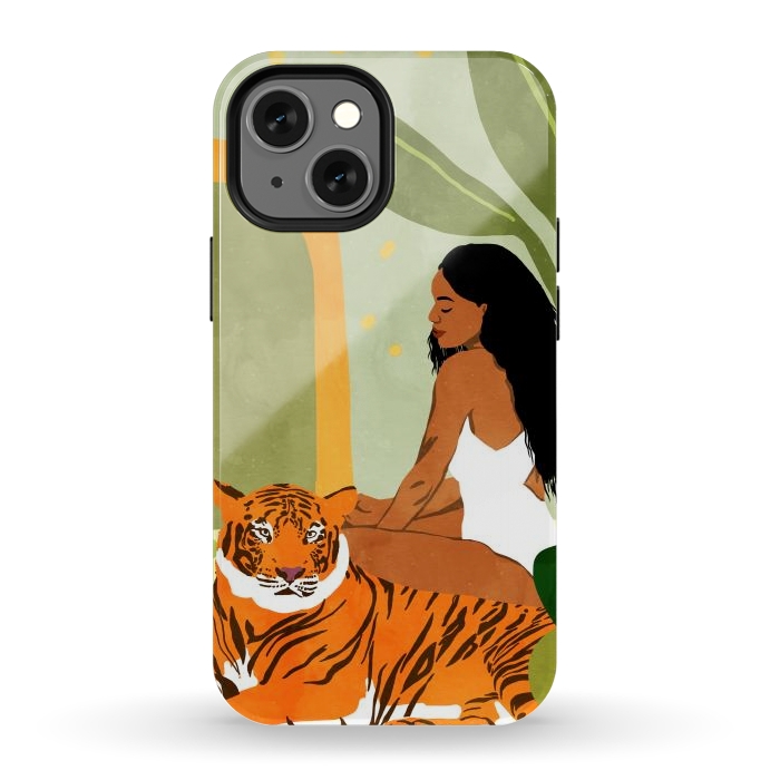 iPhone 12 mini StrongFit Just You & Me | Tiger Urban Jungle Friendship | Wild Cat Bohemian Black Woman with Pet by Uma Prabhakar Gokhale