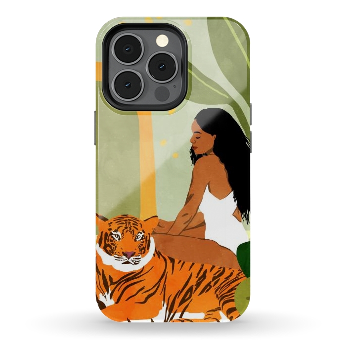 iPhone 13 pro StrongFit Just You & Me | Tiger Urban Jungle Friendship | Wild Cat Bohemian Black Woman with Pet by Uma Prabhakar Gokhale