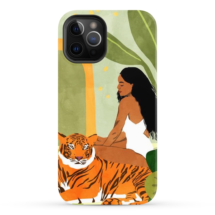 iPhone 12 Pro Max StrongFit Just You & Me | Tiger Urban Jungle Friendship | Wild Cat Bohemian Black Woman with Pet by Uma Prabhakar Gokhale