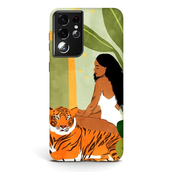 Galaxy S21 ultra StrongFit Just You & Me | Tiger Urban Jungle Friendship | Wild Cat Bohemian Black Woman with Pet by Uma Prabhakar Gokhale