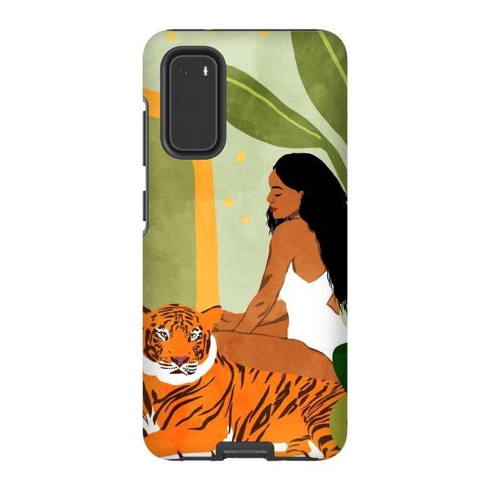 Galaxy S20 StrongFit Just You & Me | Tiger Urban Jungle Friendship | Wild Cat Bohemian Black Woman with Pet by Uma Prabhakar Gokhale
