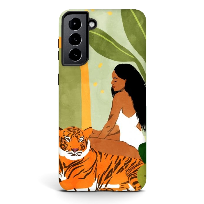 Galaxy S21 StrongFit Just You & Me | Tiger Urban Jungle Friendship | Wild Cat Bohemian Black Woman with Pet by Uma Prabhakar Gokhale