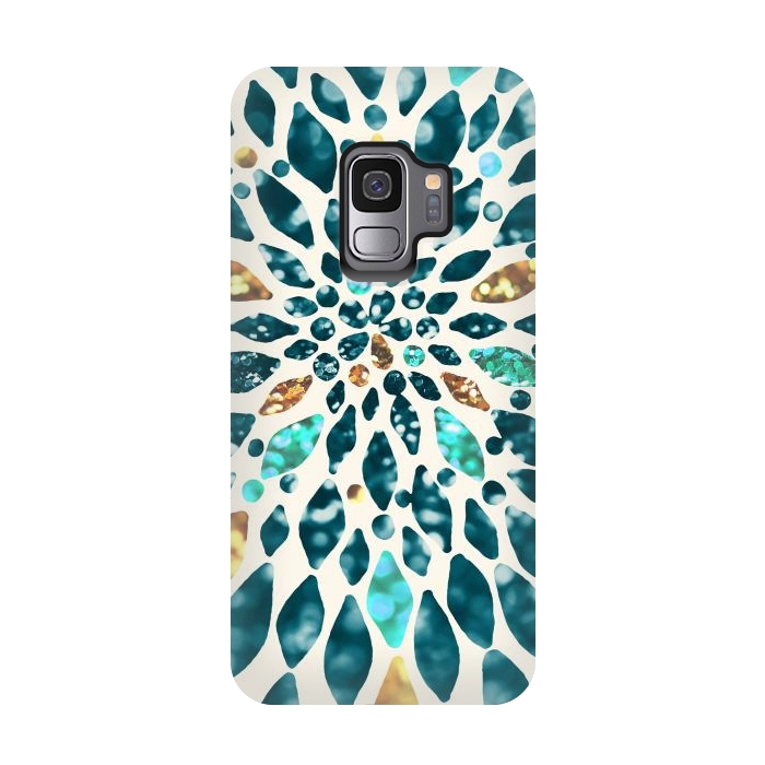Galaxy S9 StrongFit Glitter Dahlia in Gold, Aqua and Ocean Green by Tangerine-Tane