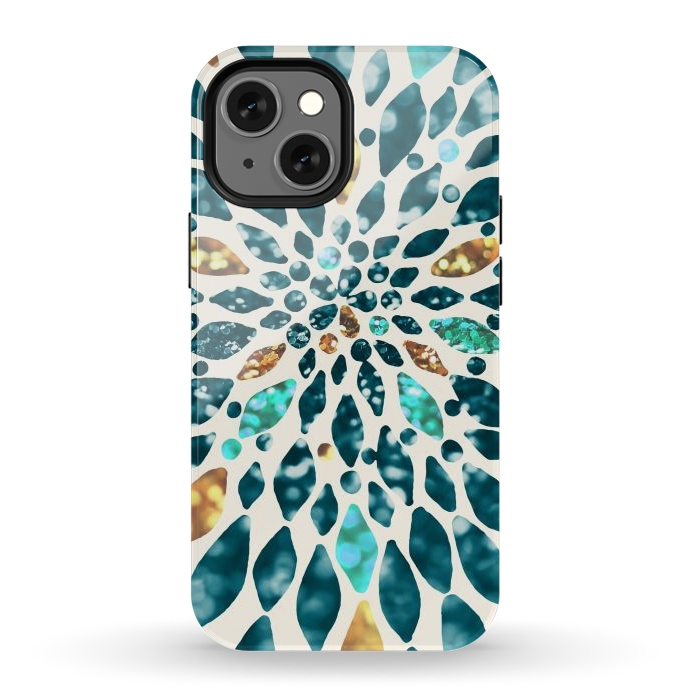 iPhone 12 mini StrongFit Glitter Dahlia in Gold, Aqua and Ocean Green by Tangerine-Tane