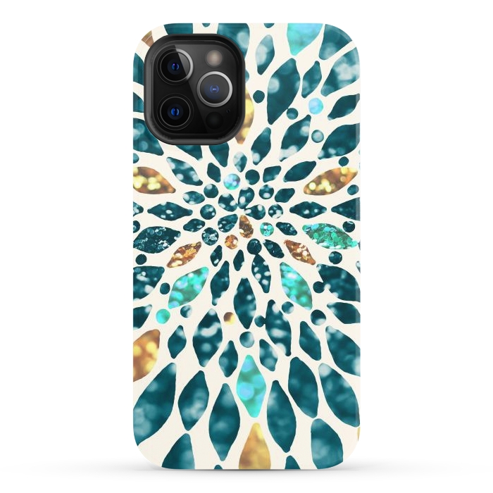 iPhone 12 Pro StrongFit Glitter Dahlia in Gold, Aqua and Ocean Green by Tangerine-Tane