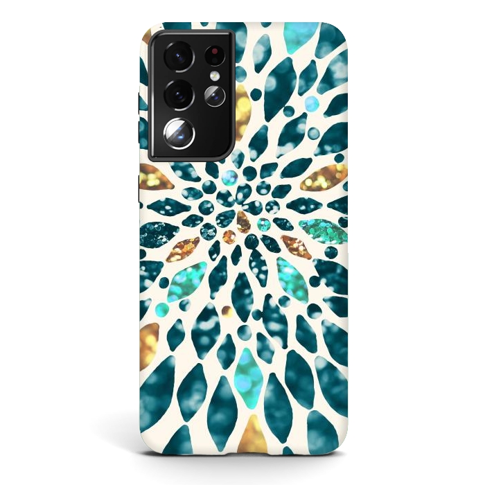 Galaxy S21 ultra StrongFit Glitter Dahlia in Gold, Aqua and Ocean Green by Tangerine-Tane
