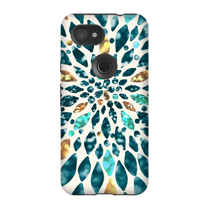 Pixel 3A StrongFit Glitter Dahlia in Gold, Aqua and Ocean Green by Tangerine-Tane