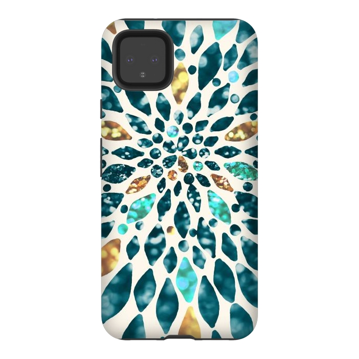 Pixel 4XL StrongFit Glitter Dahlia in Gold, Aqua and Ocean Green by Tangerine-Tane