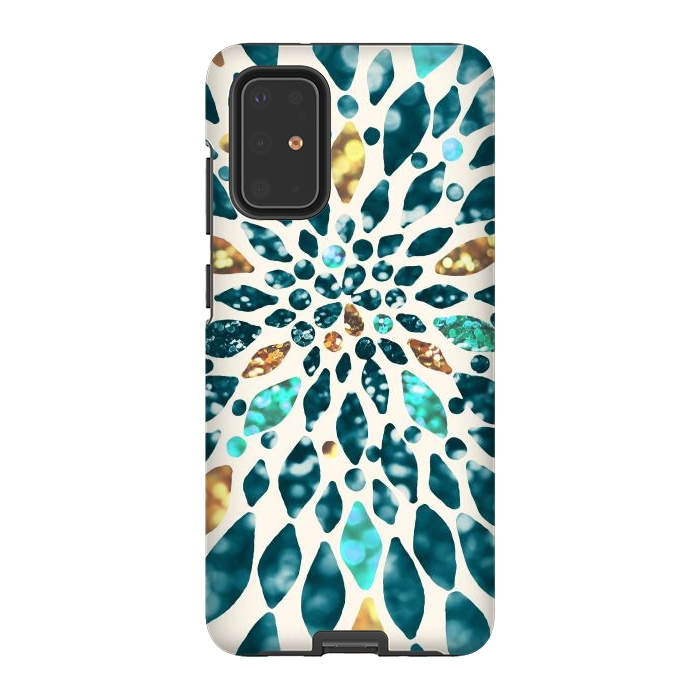 Galaxy S20 Plus StrongFit Glitter Dahlia in Gold, Aqua and Ocean Green by Tangerine-Tane