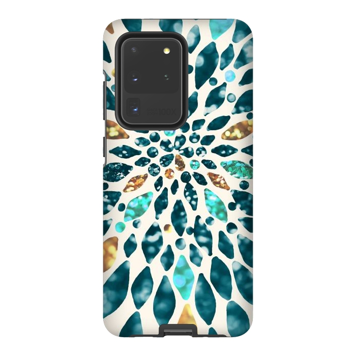 Galaxy S20 Ultra StrongFit Glitter Dahlia in Gold, Aqua and Ocean Green by Tangerine-Tane