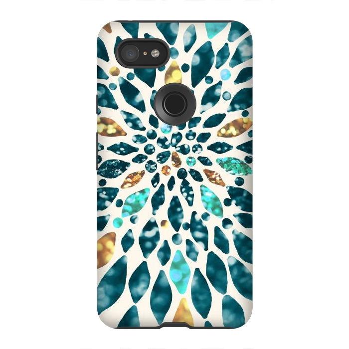 Pixel 3XL StrongFit Glitter Dahlia in Gold, Aqua and Ocean Green by Tangerine-Tane