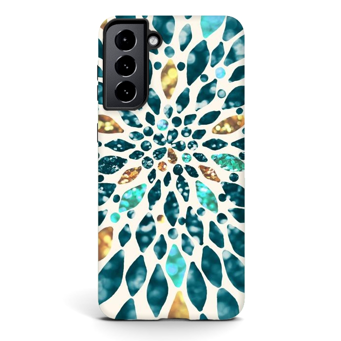 Galaxy S21 plus StrongFit Glitter Dahlia in Gold, Aqua and Ocean Green by Tangerine-Tane