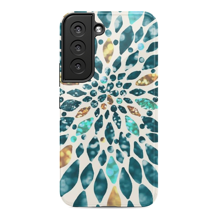 Galaxy S22 StrongFit Glitter Dahlia in Gold, Aqua and Ocean Green by Tangerine-Tane