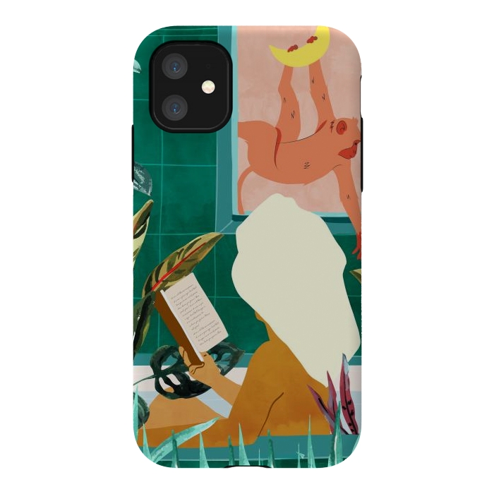 iPhone 11 StrongFit Urban Jungle Bath | Tropical Modern Bohemian Woman Bathtub | Pet Monkey Wild Animals Moon Watercolor by Uma Prabhakar Gokhale