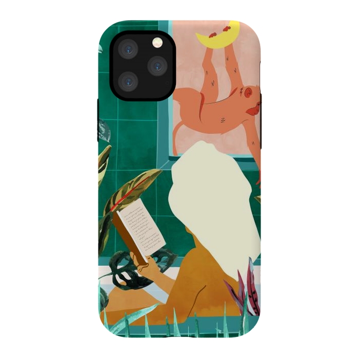 iPhone 11 Pro StrongFit Urban Jungle Bath | Tropical Modern Bohemian Woman Bathtub | Pet Monkey Wild Animals Moon Watercolor by Uma Prabhakar Gokhale