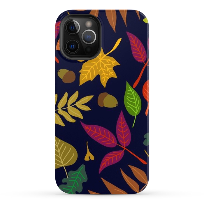 iPhone 12 Pro Max StrongFit Colorful Leaves and Acorns on Black Background by ArtsCase