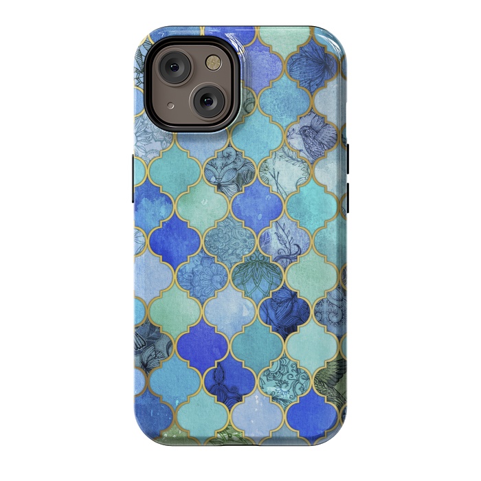 iPhone 14 StrongFit Cobalt Blue Aqua and Gold Decorative Moroccan Tile Pattern by Micklyn Le Feuvre