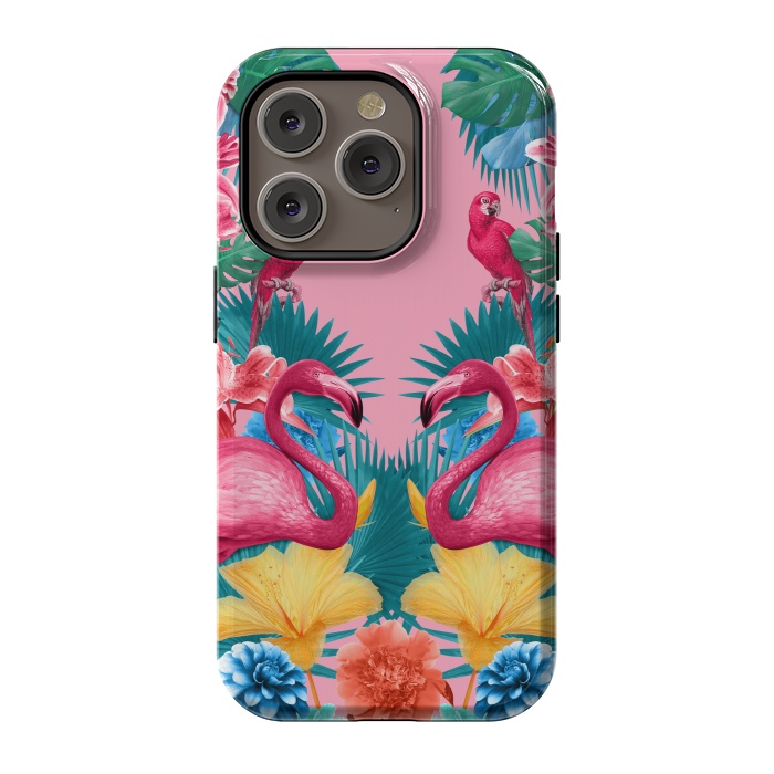 iPhone 14 Pro StrongFit Flamingo and Tropical garden by Burcu Korkmazyurek