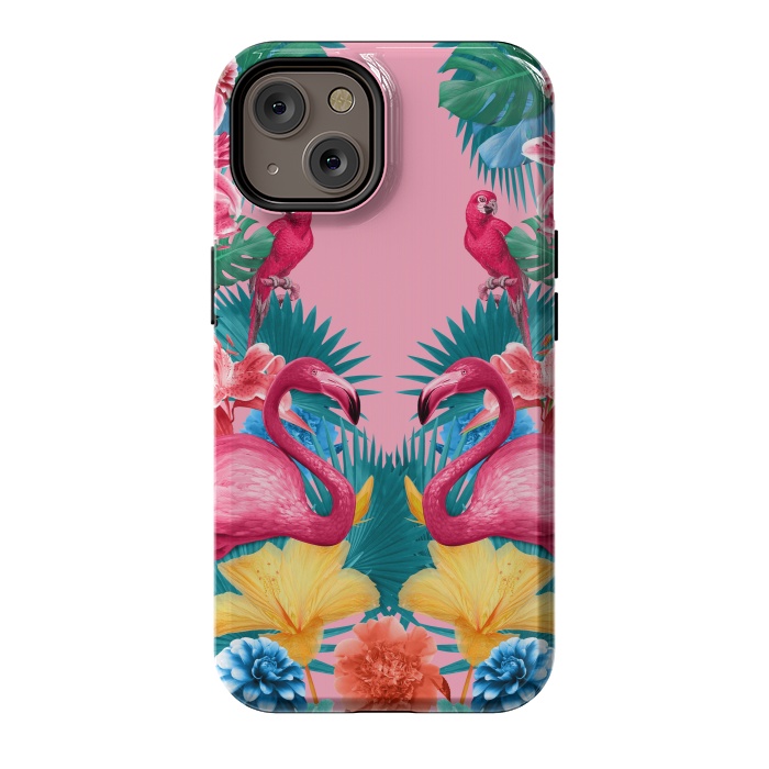 iPhone 14 StrongFit Flamingo and Tropical garden by Burcu Korkmazyurek