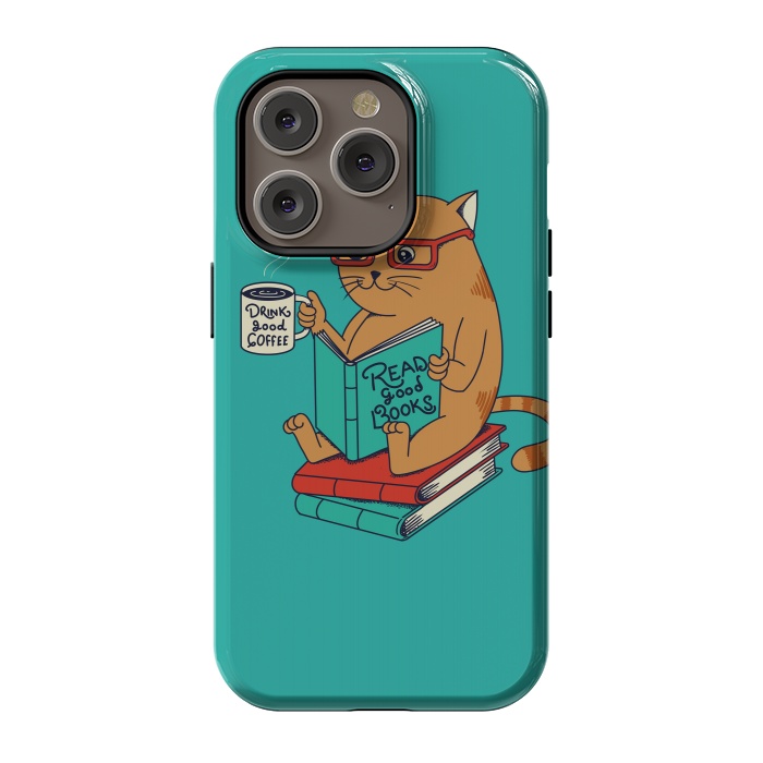 iPhone 14 Pro StrongFit Cat coffee and books by Coffee Man