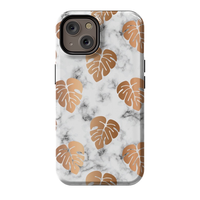 iPhone 14 StrongFit Golden Monstera on Marble Pattern 048 by Jelena Obradovic