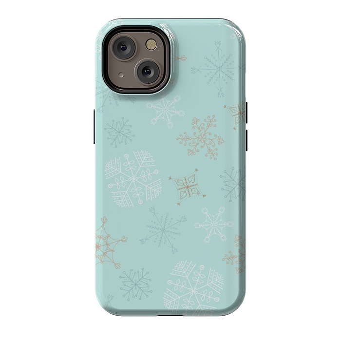iPhone 14 StrongFit Wintery Gold Snowflakes on Blue by Paula Ohreen