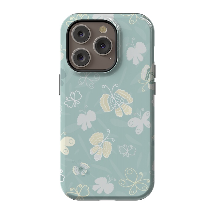 iPhone 14 Pro StrongFit Pretty Yellow and White Butterflies on Teal by Paula Ohreen