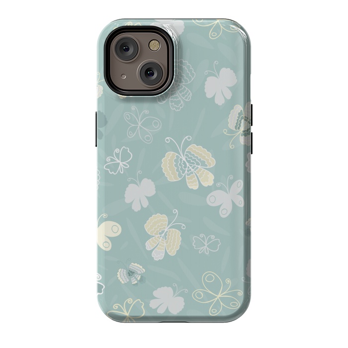 iPhone 14 StrongFit Pretty Yellow and White Butterflies on Teal by Paula Ohreen