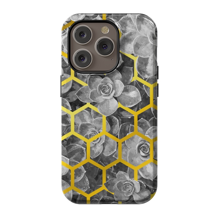 iPhone 14 Pro StrongFit Black and White Succulent Gold Geometric by Alemi