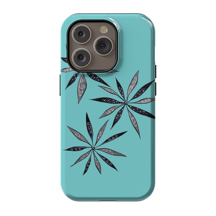 iPhone 14 Pro StrongFit Elegant Thin Flowers With Dots And Swirls On Blue by Boriana Giormova
