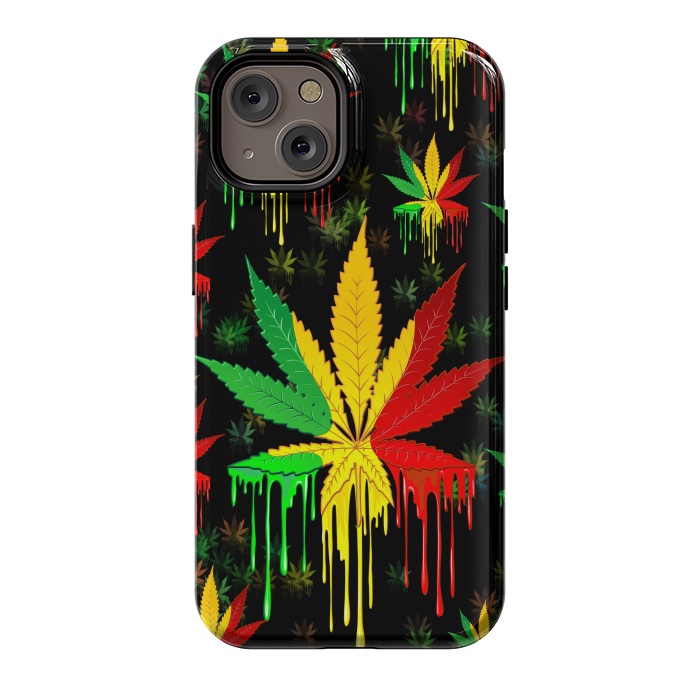 iPhone 14 StrongFit Marijuana Leaf Rasta Colors Dripping Paint by BluedarkArt