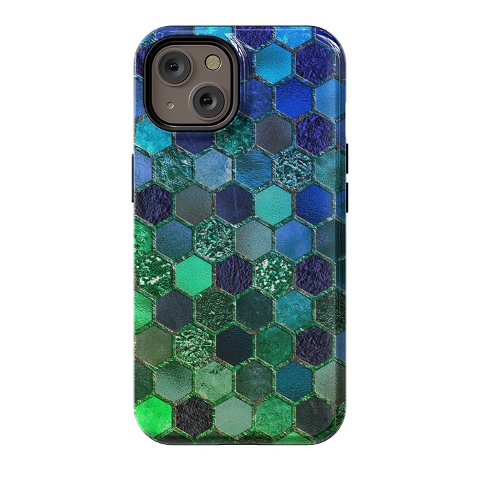iPhone 14 StrongFit Green and Blue Metalic Honeycomb Pattern by  Utart