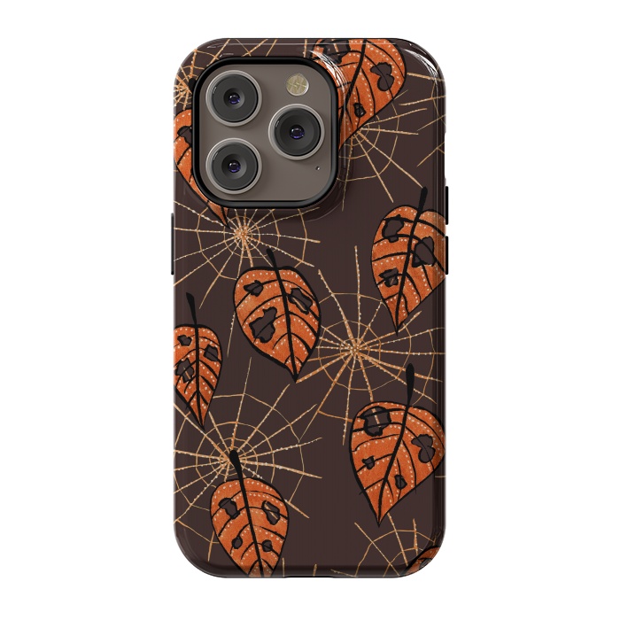 iPhone 14 Pro StrongFit Orange Leaves With Holes And Spiderwebs by Boriana Giormova