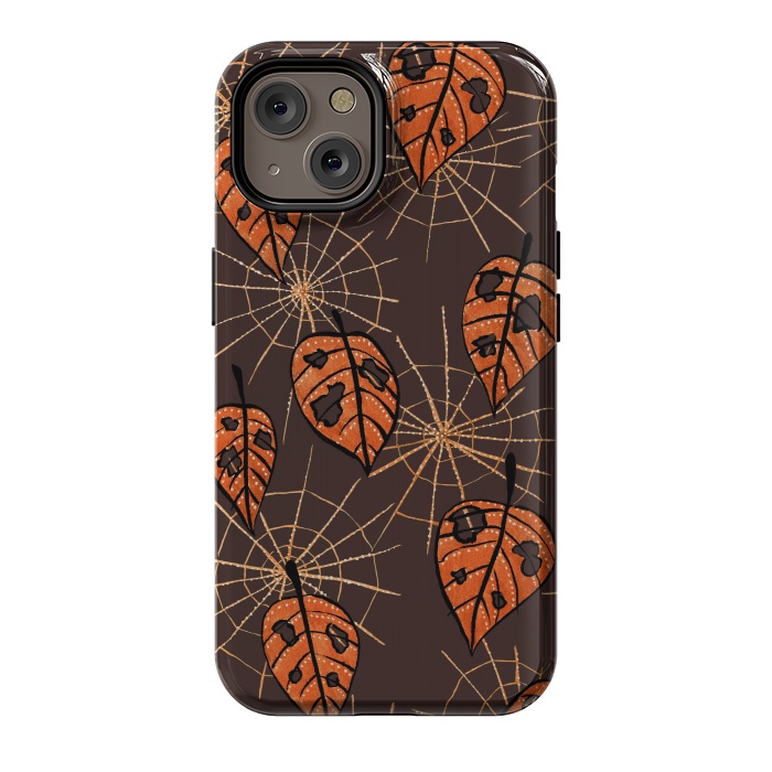 iPhone 14 StrongFit Orange Leaves With Holes And Spiderwebs by Boriana Giormova
