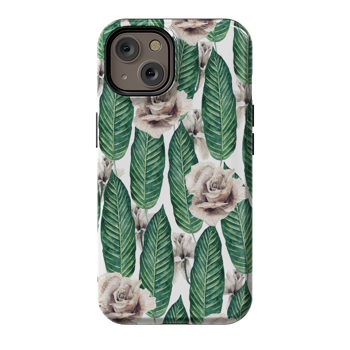 iPhone 14 StrongFit Tropical leaves and white roses by Mmartabc