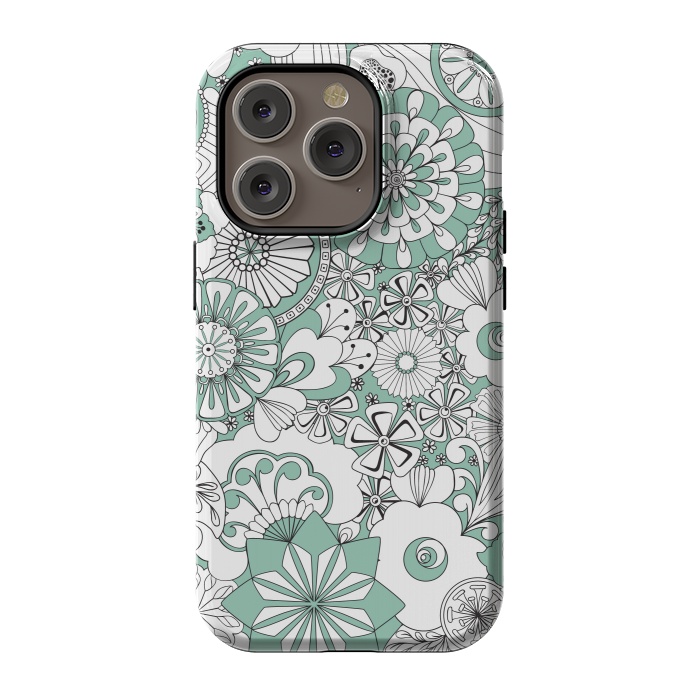iPhone 14 Pro StrongFit 70s Flowers - Mint Green and White by Paula Ohreen