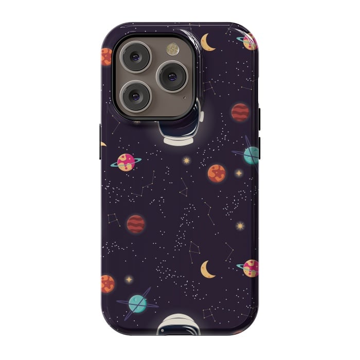 iPhone 14 Pro StrongFit Universe with planets, stars and astronaut helmet seamless pattern, cosmos starry night sky by Jelena Obradovic